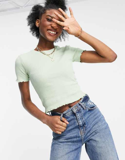 Pull&Bear - Cropped T-shirt met golvend zoompje in mintgroen