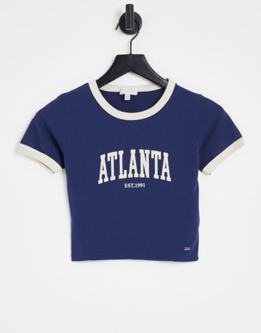 Pull&Bear - Cropped T-shirt met varsity-slogan in marineblauw