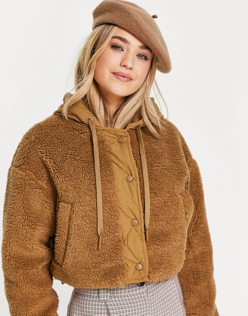 Pull & Bear cropped teddy bomber jacket with quilted hood mix in brown