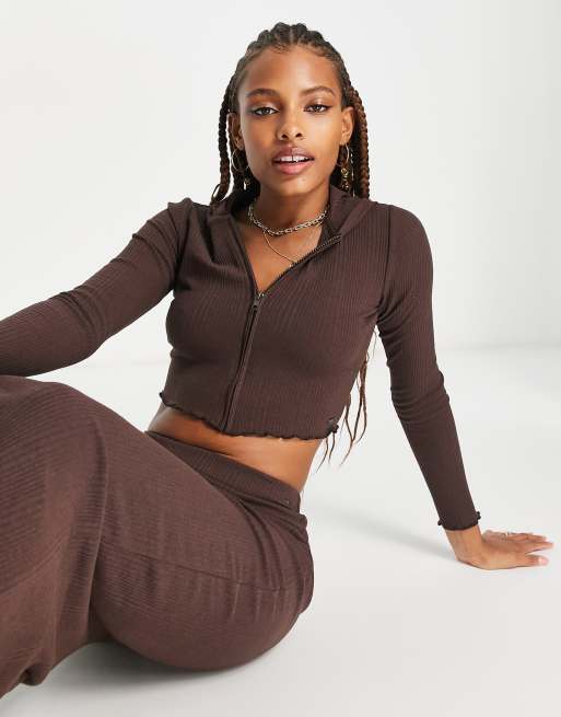 Pull Bear cropped zip front jersey cardigan co ord in brown ASOS