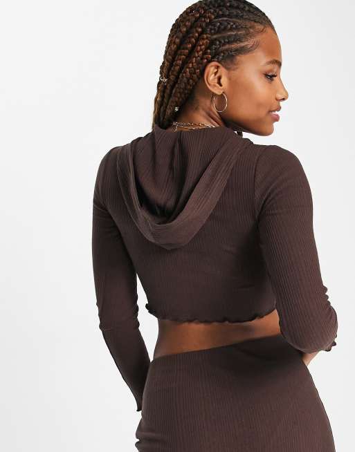 Pull&Bear cropped zip front jersey cardigan co-ord in brown | ASOS
