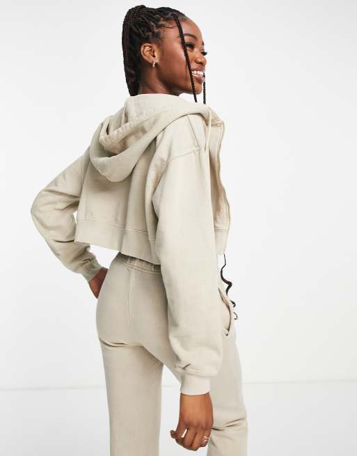 Pull&Bear cropped zip through hoodie co-ord sand