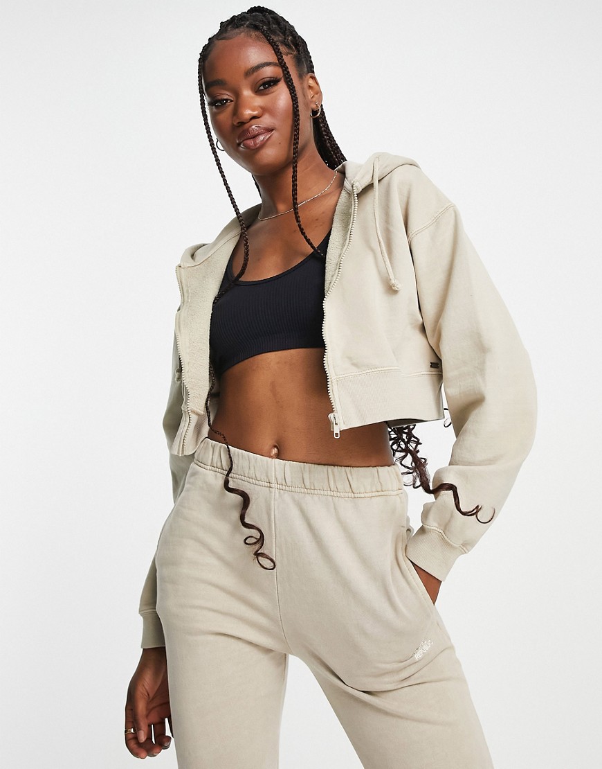 Pull & Bear cropped zip through hoodie in sand - part of a set-Neutral
