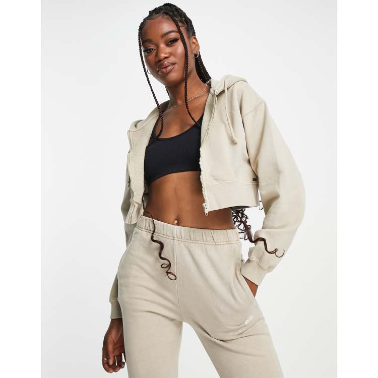 Pull Bear cropped zip through hoodie in sand part of a set