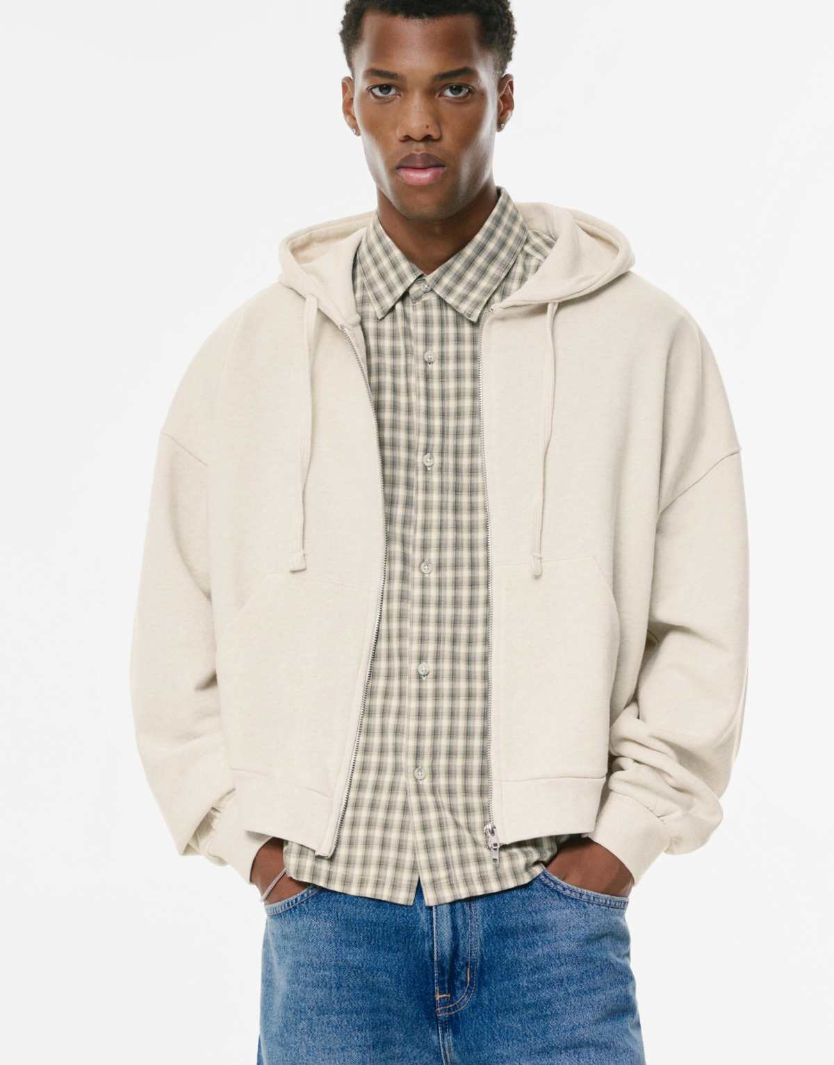 Pull&Bear Cropped zip-up hoodie in sand marl