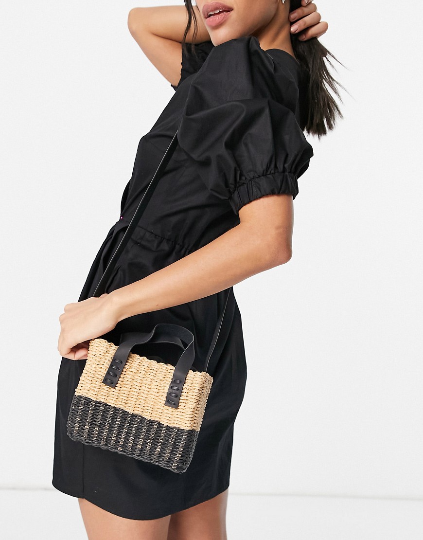 Pull & Bear cross body basket weave bag in neutral and black