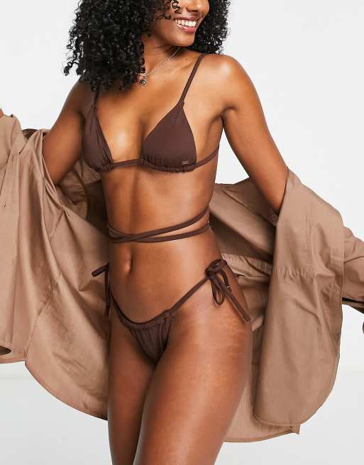 Pull&Bear cross front bikini top in brown (part of a set)