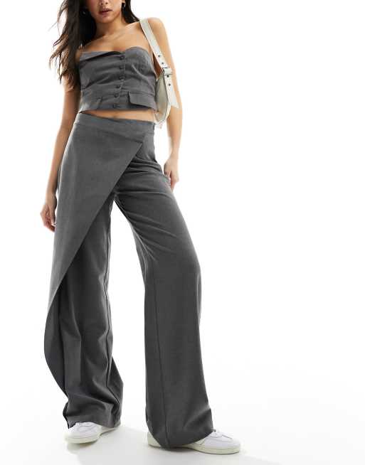 Pull&Bear high waist tailored straight leg trousers with front seam detail  in grey