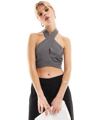 Pull&Bear crossover halterneck tie back top in charcoal grey