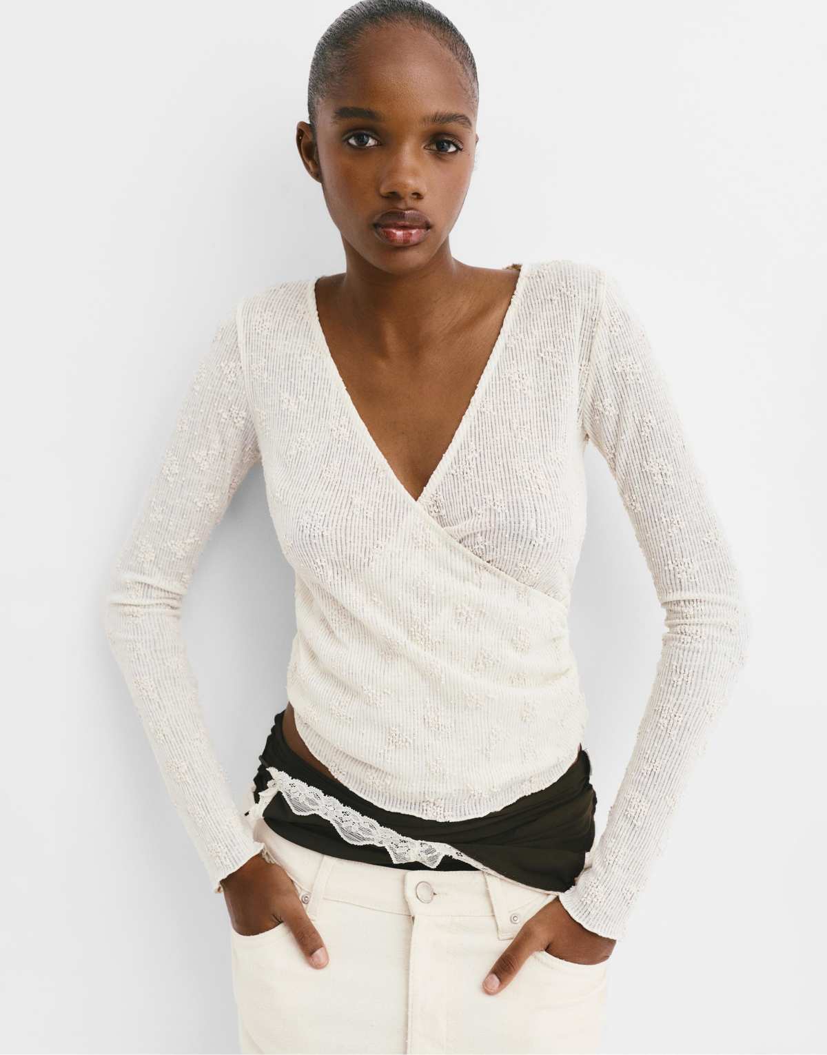 Pull&Bear Crossover knit floral top in beige