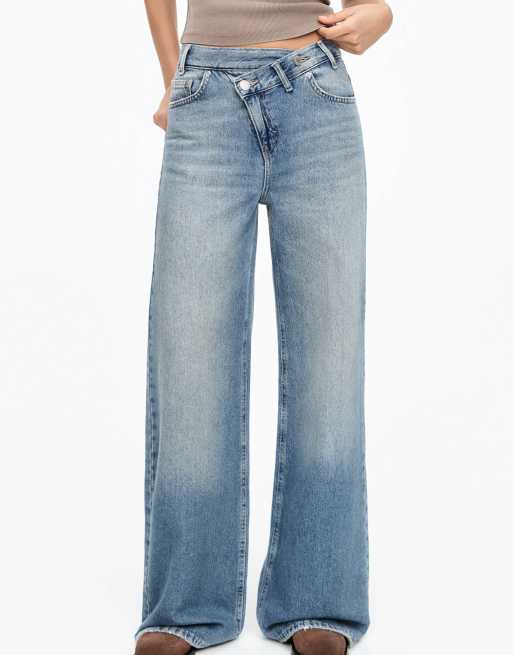 Pull&Bear crossover waist mid rise wide leg jean in blue, 2 of 4