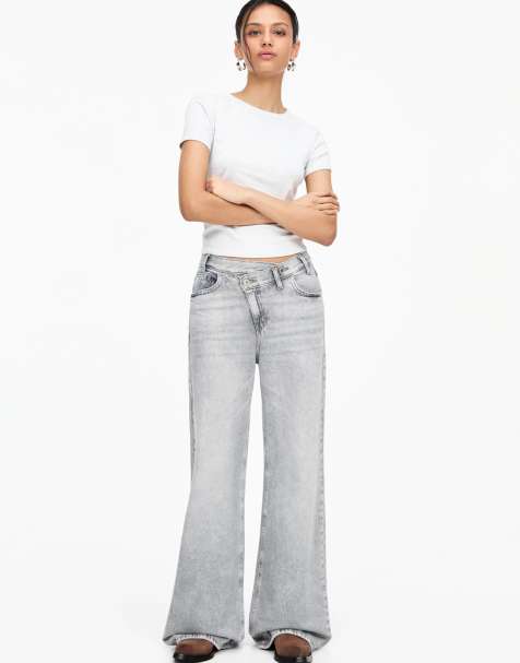 Pull&Bear crossover waist mid rise wide leg jeans in gray - view 1