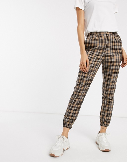 Pull&Bear cuff detail trousers in check print