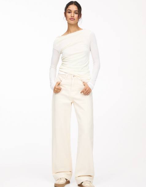 Pull&Bear cuffed hems mid rise baggy jeans in ecru - view 1