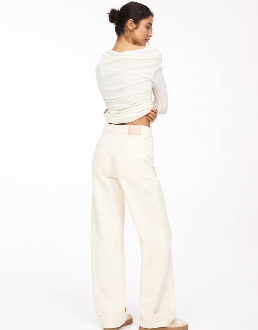 Pull&Bear  turn up hem mid rise baggy jeans in ecru