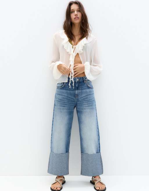 Pull&Bear cuffed hems straight leg jeans in blue