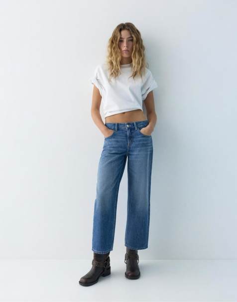 Pull&Bear – Culottes – Jeans in Mittelblau mit niedrigem Bund - view 1