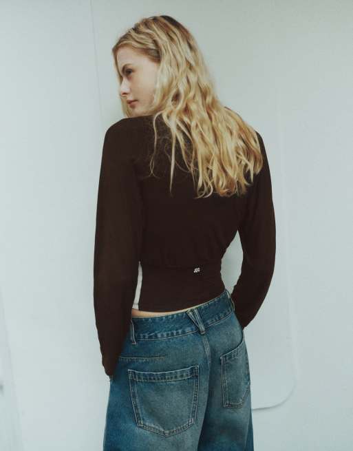 Pull&Bear Cummerbund top in brown, 2 of 7