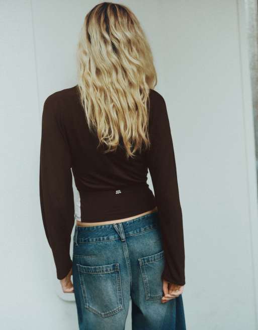 Pull&Bear Cummerbund top in brown, 3 of 7