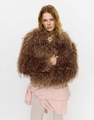 Pull & Bear Curly Faux Fur Jacket In Brown