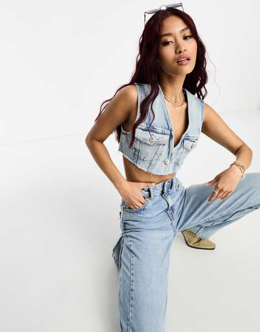 Pull Bear cut off denim cropped waistcoat top co ord in light blue ASOS