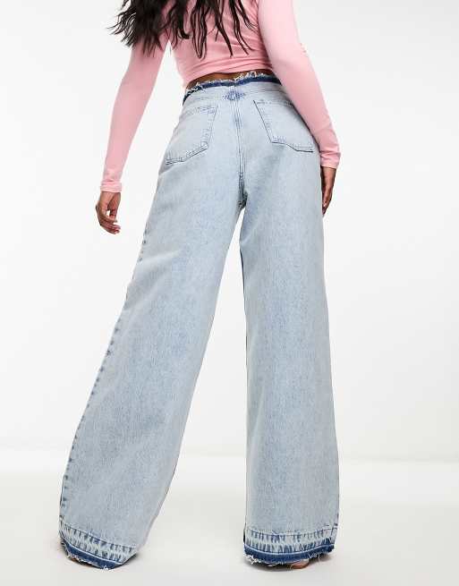 Pull&Bear cut off waistband wide leg jean co-ord in light blue