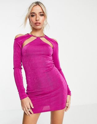 Pull&Bear cut out halterneck long sleeved dress in pink