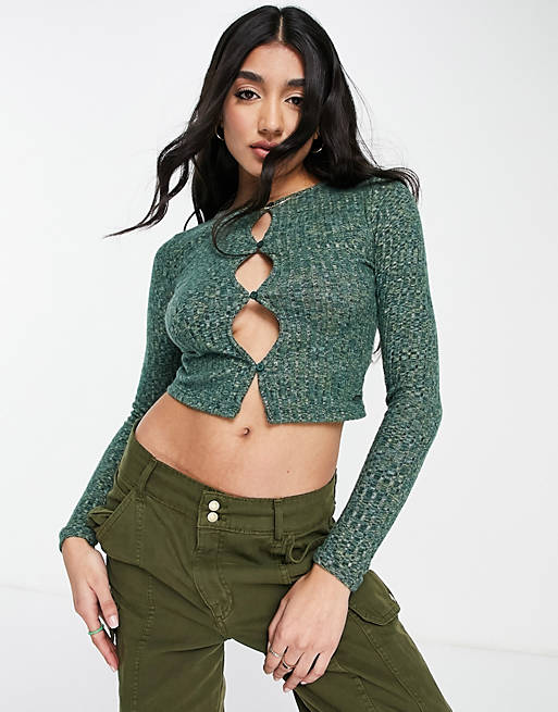  Pull&Bear cut out long sleeve cropped top in green 