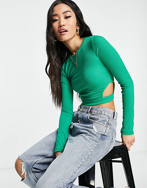 Women Pull&Bear cut out long sleeve cropped top in green 