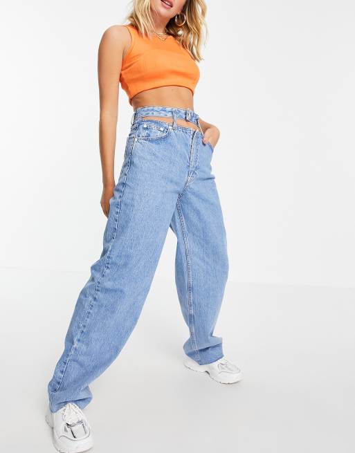 Pull&Bear cut out mom jeans in blue | ASOS