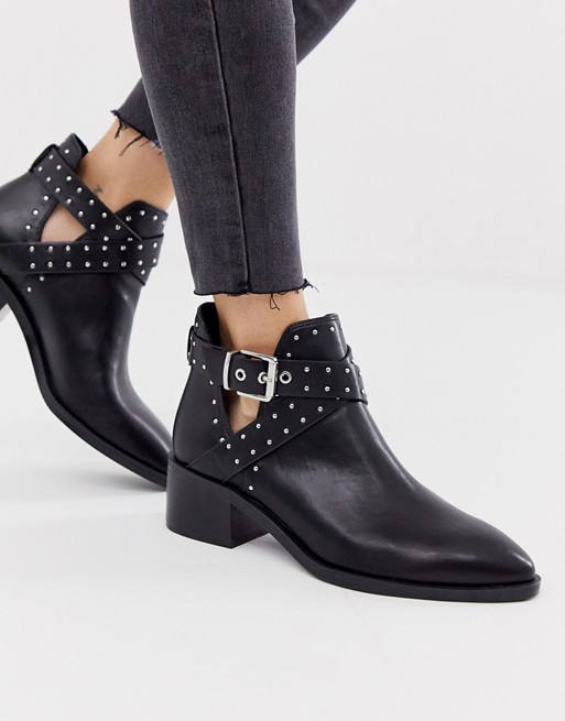Pull&Bear cut out stud detail buckle boots in black