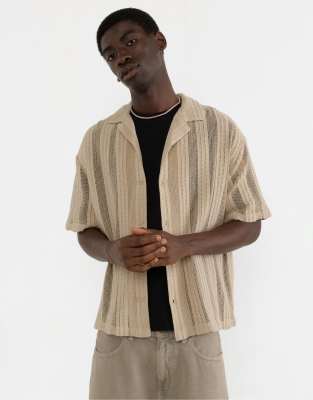 Pull & Bear Cutwork Short Sleeve Shirt In Neutral