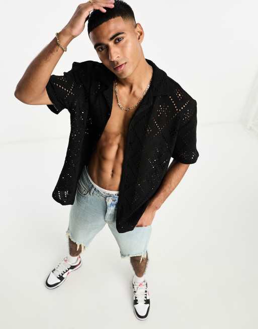 Pull&Bear – Czarna ażurowa koszula dzianinowa