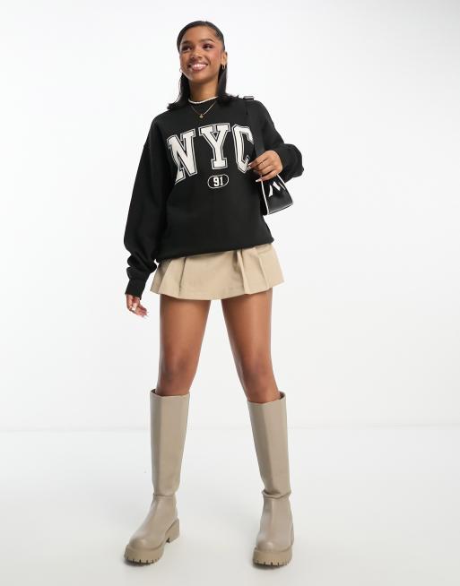 Pull&Bear – Czarna bluza dresowa oversize z napisem „NYC” w uczelnianym stylu, 3 z 4