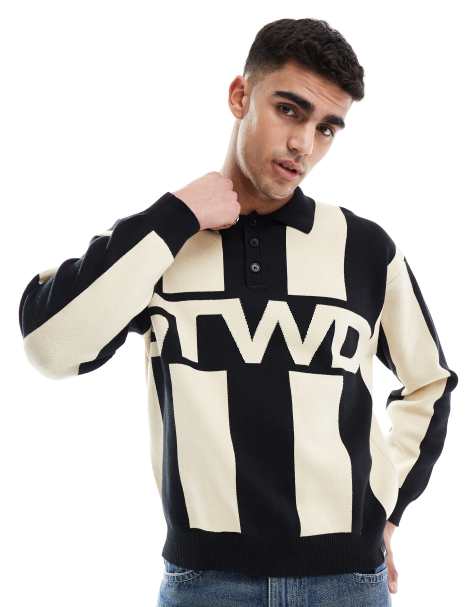 Pull&Bear – Czarna dzianinowa koszulka polo w paski z motywem STWD - view 1