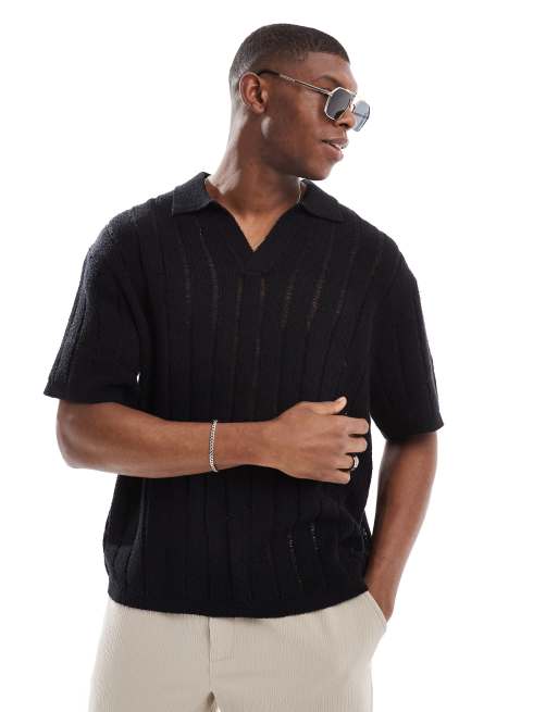 Pull&Bear – Czarna dzianinowa koszulka polo