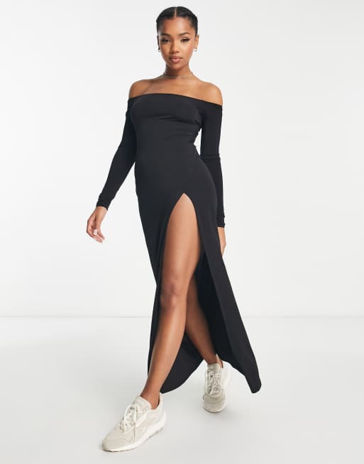 Pull&Bear – Czarna sukienka maxi z długimi rękawami i dekoltem bardot | ASOS