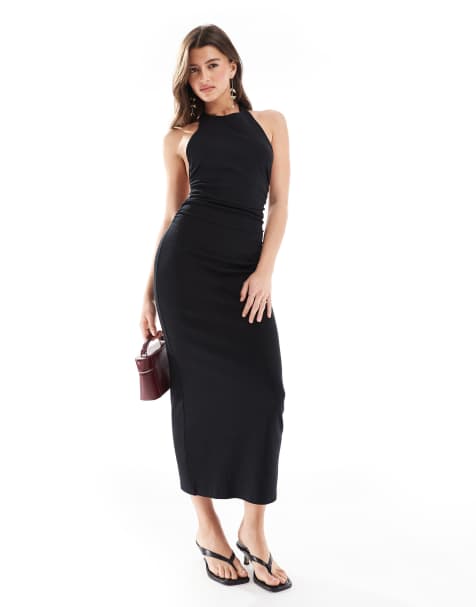 Pull&Bear racer neck midi dress in black