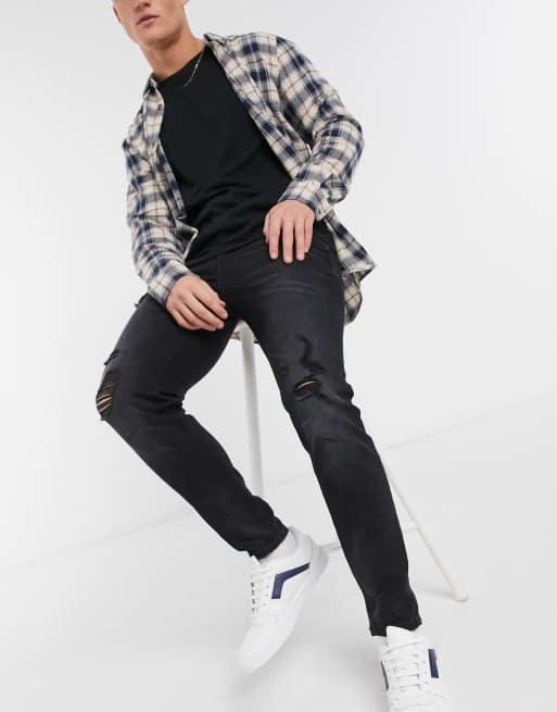Pull&Bear – Czarne jeansy o bardzo obcisłym kroju z rozdarciami na kolanach