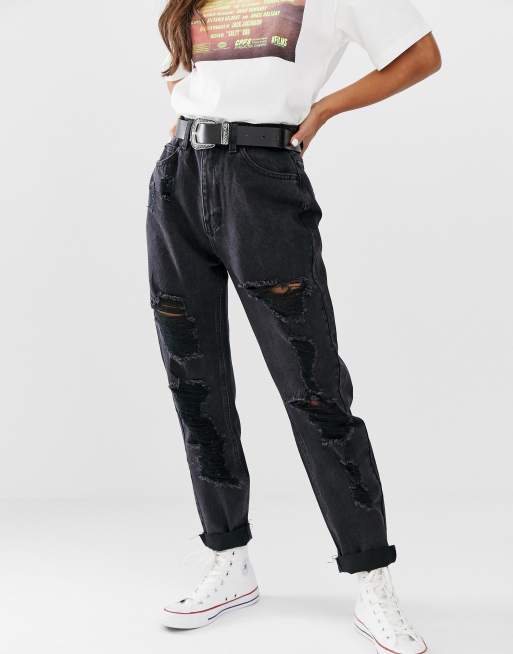 Pull&Bear – Czarne jeansy typu mom z przetarciami
