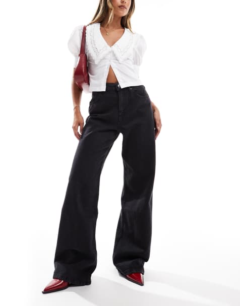 Pull&Bear – Czarne jeansy z szerokimi nogawkami i wysokim stanem - view 1