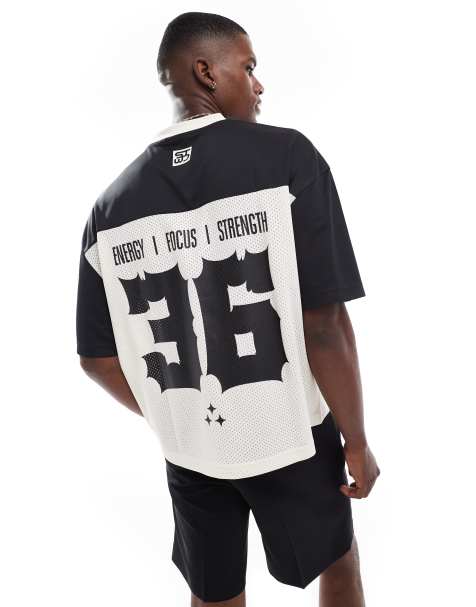 Pull&Bear – Czarno-biały T-shirt rugby z nadrukiem STWD w stylu retro - view 1