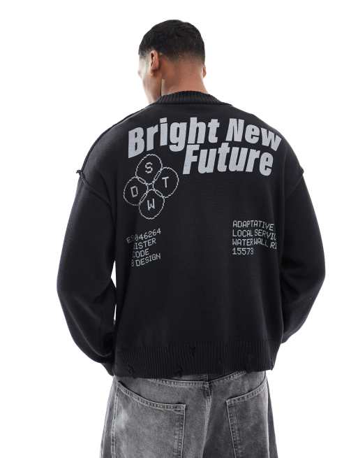 Pull&Bear – Czarny sprany sweter dzianinowy z grafiką na plecach