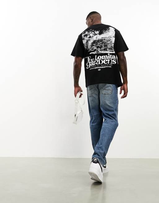 Pull&Bear – Czarny T-shirt z nadrukiem i napisem „Lomita Gardens”