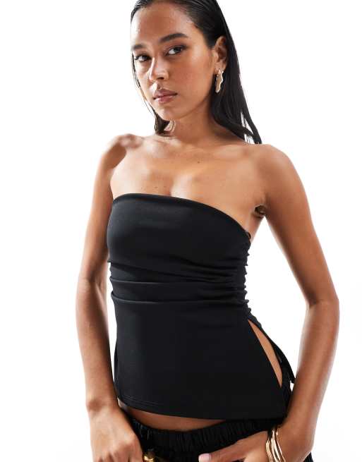 Pull&Bear – Czarny top o wydłużonym fasonie z dekoltem bandeau 