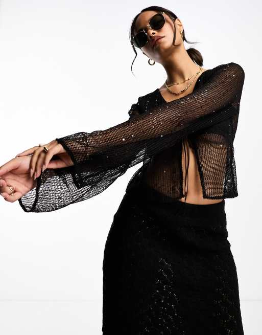 Pull&Bear – Czarny top wierzchni z siateczki 