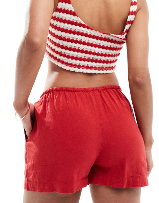 Pull&Bear – Czerwone ściągane na sznurek w talii szorty z imitacji lnu, 3 z 5