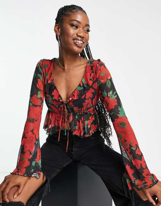 Pull&Bear – Czerwony prześwitujący top w kwiatowy wzór z wiązaniem z przodu