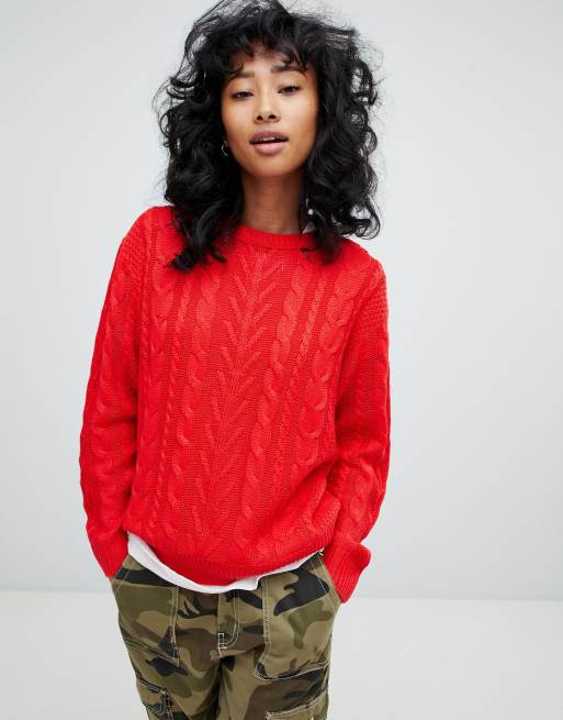 Pull&Bear – Czerwony sweter o splocie warkoczowym