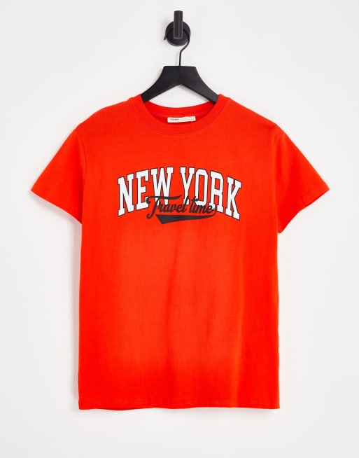 Pull&Bear – Czerwony T-shirt z napisem „New York”